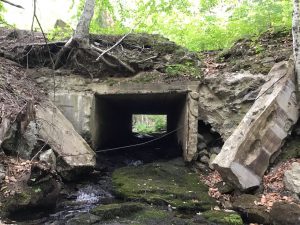 Photo of a box culvert in poor condition with wingwalss and headwall collapsing. 