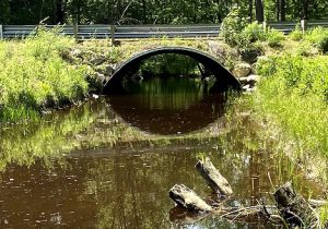 Photo of a metal, pipe arch bridge that spans the stream banks and has a natural stream bottom.